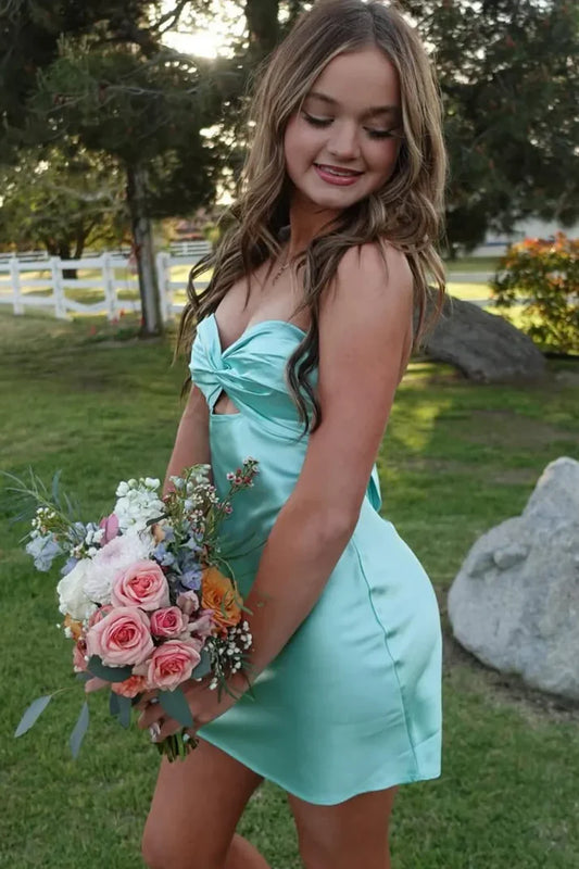 Cute Blue Bow A Line Sweetheart Neck Satin Mini Homecoming Dress Cocktail Dress DP3059