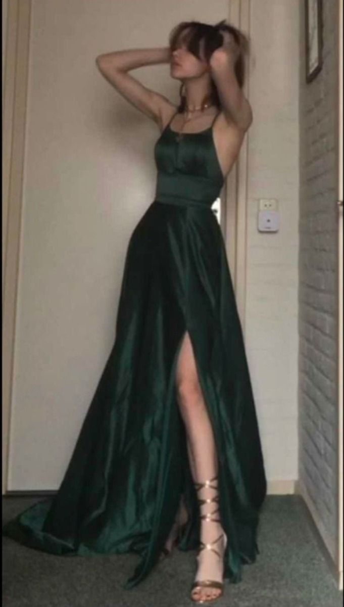 Green Line Spaghetti Straps Satin Prom Dress Formal Dress Party Dress with Slit DP3505