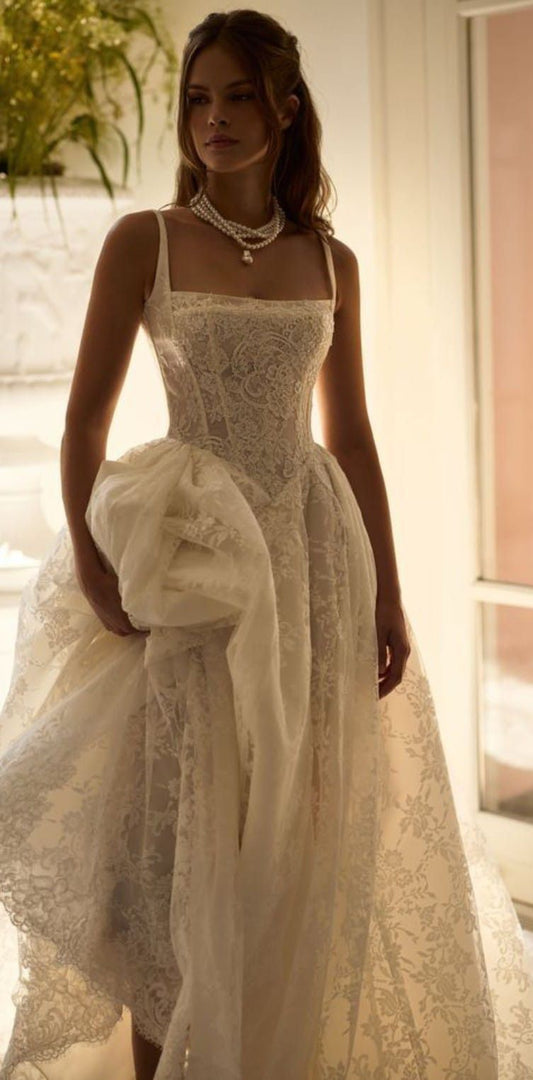 White Exquisite Ball Gown Straps Floral Lace Wedding Dress DP3278