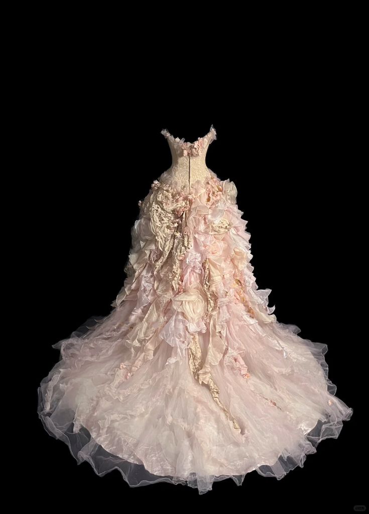 Vintage Exquisite Ball Gown Strapless Pink Floral Ruffle Tulle Prom Dress 16th Birthday Dress DP4144