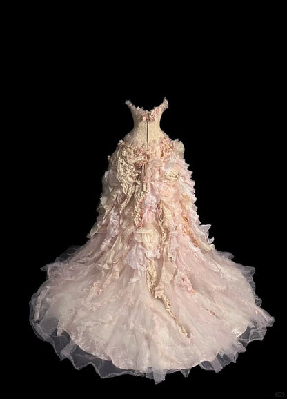 Vintage Exquisite Ball Gown Strapless Pink Floral Ruffle Tulle Prom Dress 16th Birthday Dress DP4144