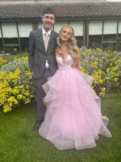 Pink A Line Spaghetti Strap Ruffle Organza Backless Long Prom Dress Evening Dress Formal Dress DP3272