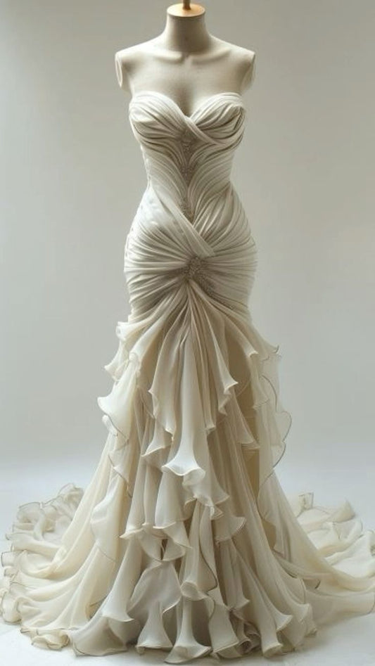 Stunning Mermaid Sweetheart Neck Long Ivory Chiffon Wedding Dresses DP3632