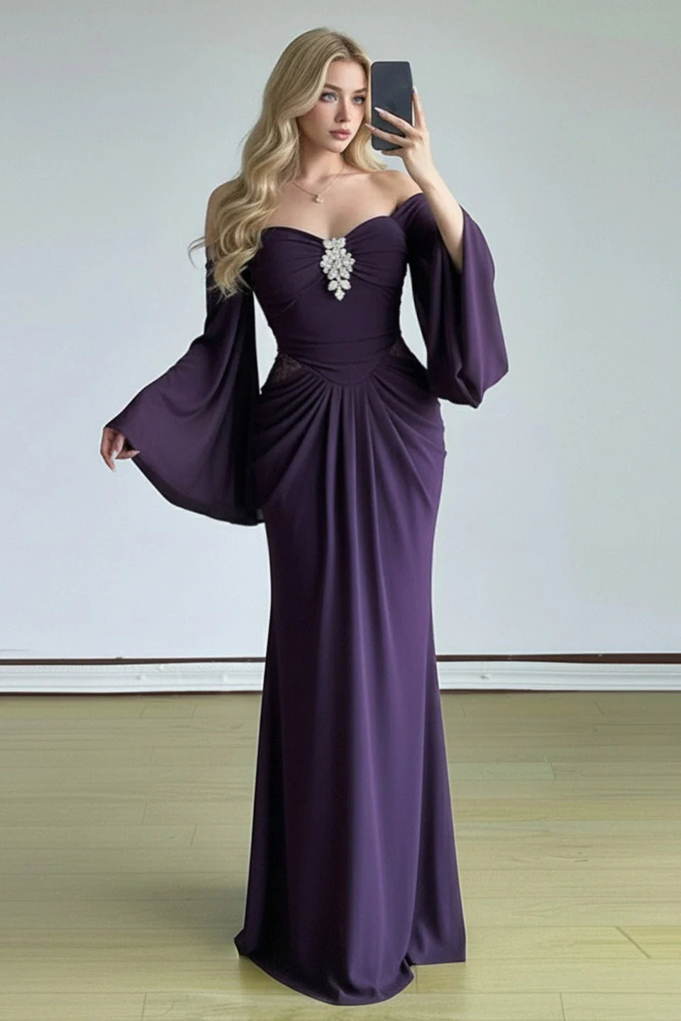 Elegant Dark Purple Sheath Long Sleeve Beaded Chiffon Long Prom Dress Evening Dress DP6087