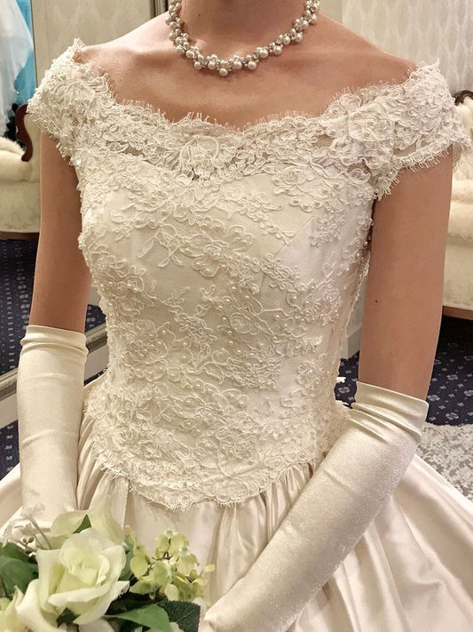 Vintage A Line Off the Shoulder White Pearl Satin Lace Long Sweep Wedding Dress DP4105