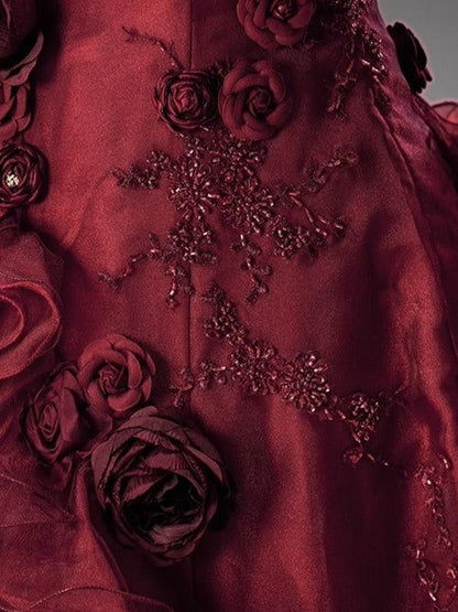 Princess Burgundy Ball Gown 3D Floral Beaded Ruffle Organza Prom Dress 16th Birthday Dress DP5392