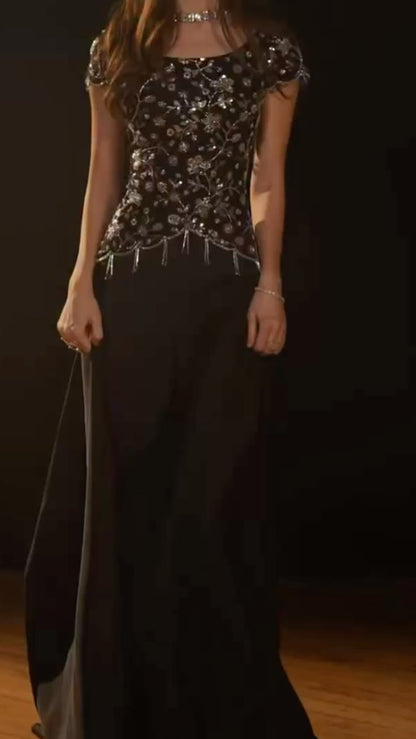 Shiny Beaded A Line Black Satin Prom Dress Evening Dress DP7165