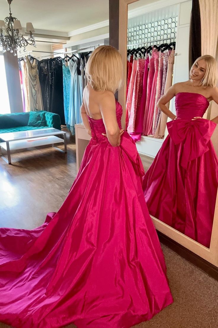 A Line Strapless Ruched Hot Pink Satin Long Prom Dress Evening Dress with Bow DP1180