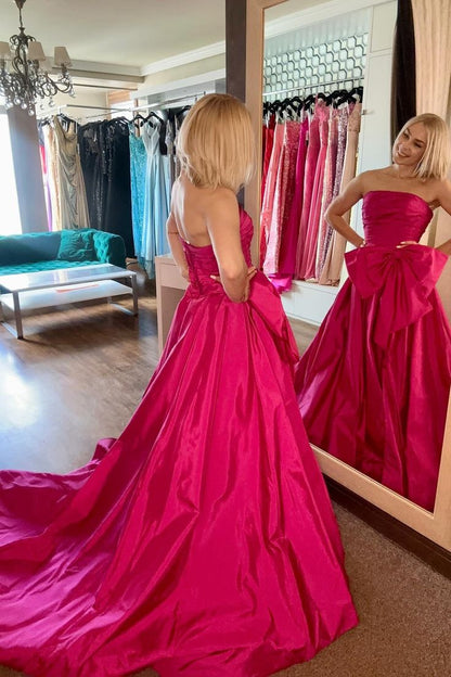 A Line Strapless Ruched Hot Pink Satin Long Prom Dress Evening Dress with Bow DP1180