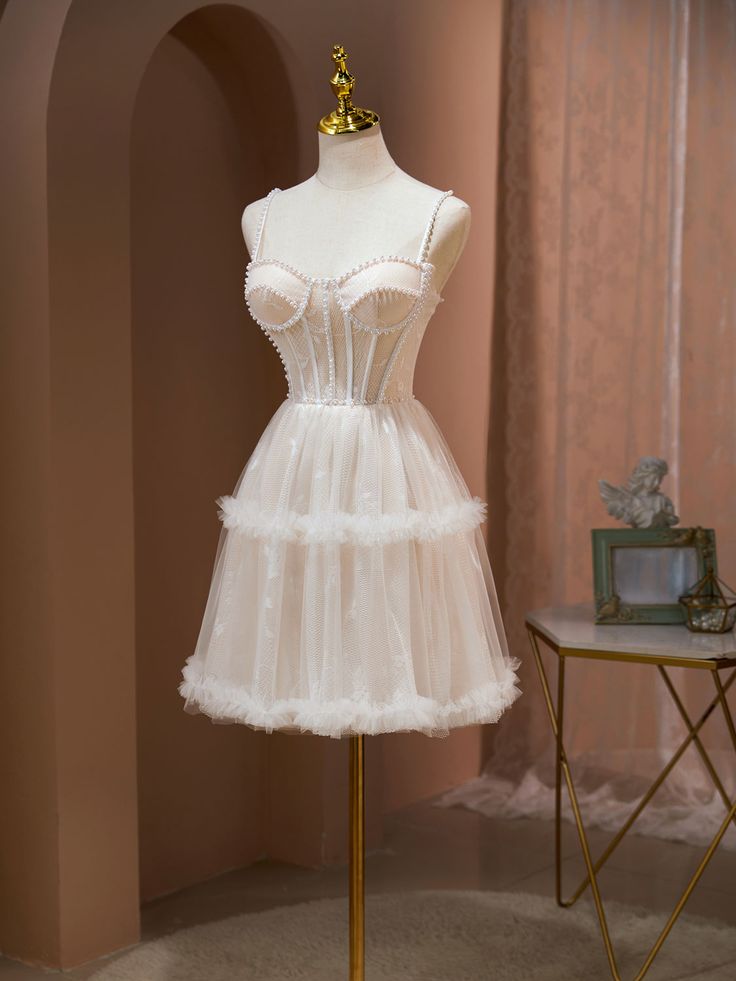 Elegant A Line Spaghetti Strap Pearl Tulle Homecoming Dresses DP795