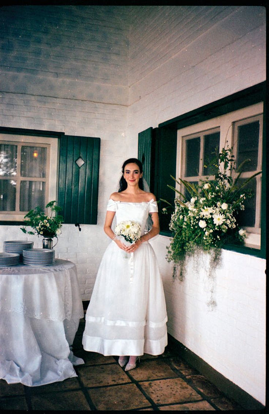 Vintage Cute A Line Off the Shoulder White Organza Long Prom Dress Wedding Dress DP7192