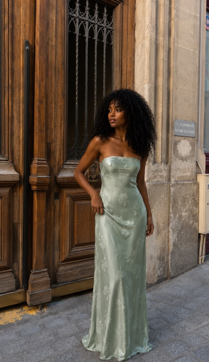 Sage Green A Line Strapless Printed Satin Prom Dress Date Dress DP7004