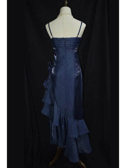Dark Blue Vintage Floral Spaghetti Strap Satin Prom Dress Asymmetrical Hem Prom Gown DP2035
