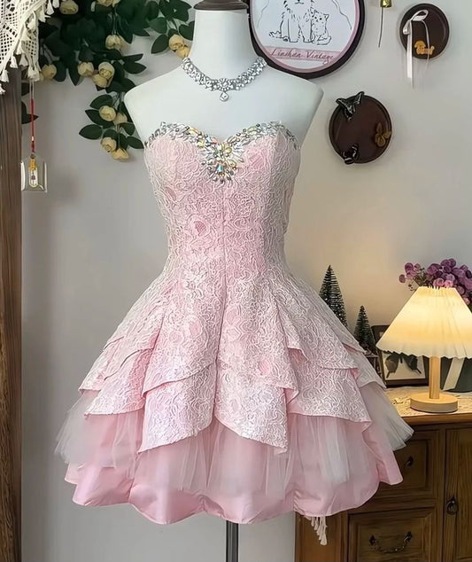 Classy Strapless Lace Beaded A Line Homecoming Dress Pink Short Birthday Dress DP4009