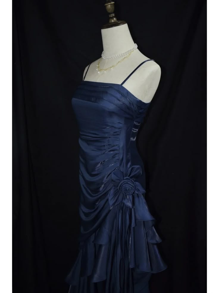Dark Blue Vintage Floral Spaghetti Strap Satin Prom Dress Asymmetrical Hem Prom Gown DP2035