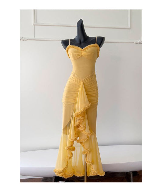 Yellow Mermaid Spaghetti Straps Tulle Long Prom Dress Evening Dress DP1414