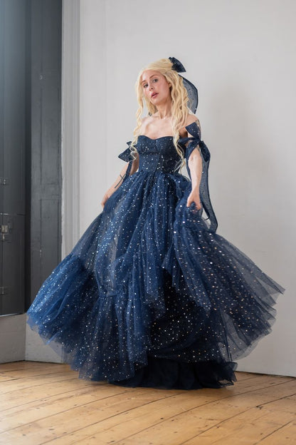 Star Sequin Navy Blue A Line Straps Layered Tulle Date Dress Prom Dress Evening Dress DP3371