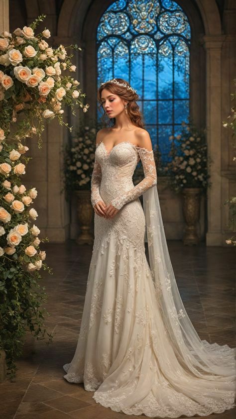 Pretty Mermaid Long Sleeve Lace Tulle Long Wedding Gown DP3672