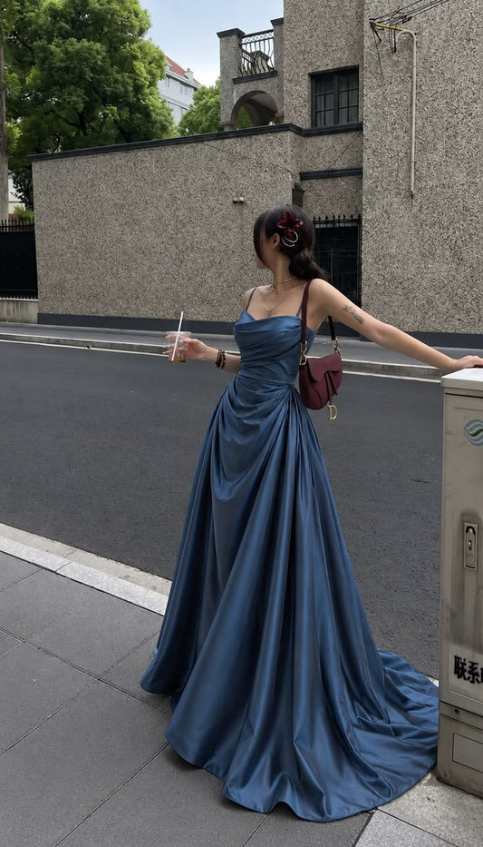 Simple Drak Blue A Line Spaghetti Strap Satin Prom Dress Evening Dress DP7530