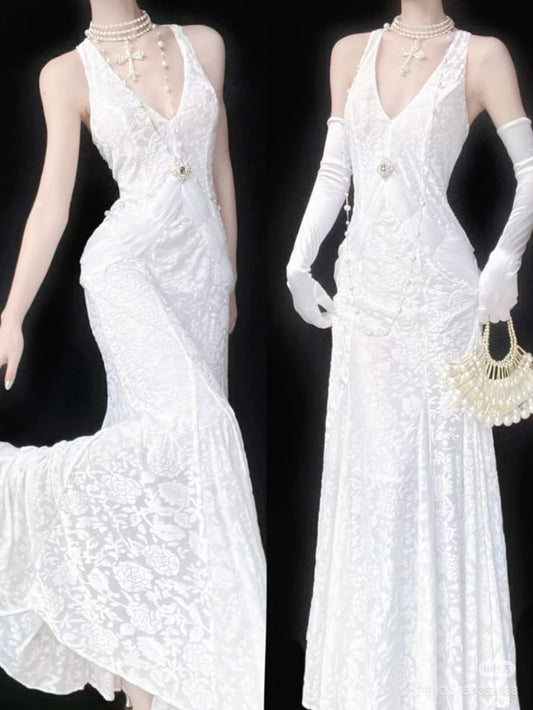 Elegant Mermaid Halter White Lace Long Prom Dress Evening Dress DP4761
