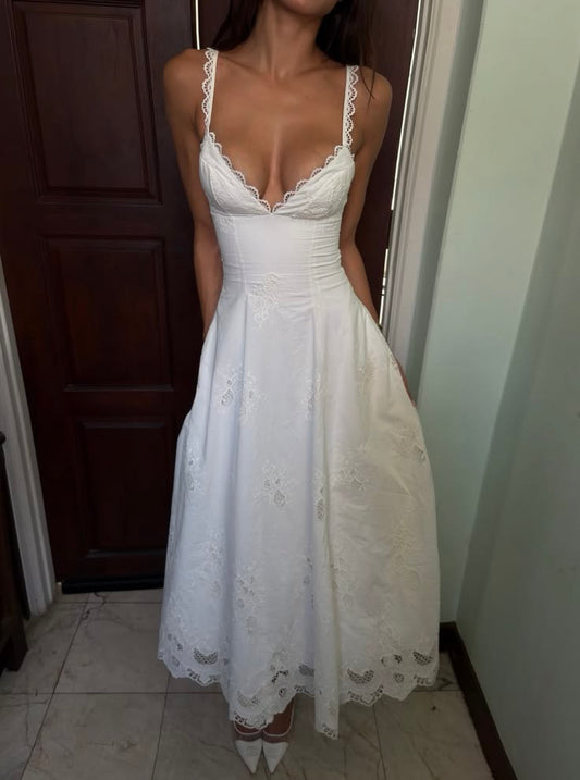 Simple White A Line Spaghetti Strap Lace Satin Prom Dress Evening Dress DP7191