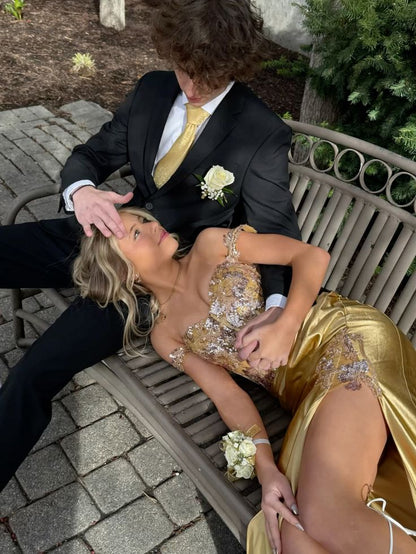 Glamorous Sheath Off the Shoulder Beaded Sequin Golden Satin Prom Dress Evening Dress DP6101