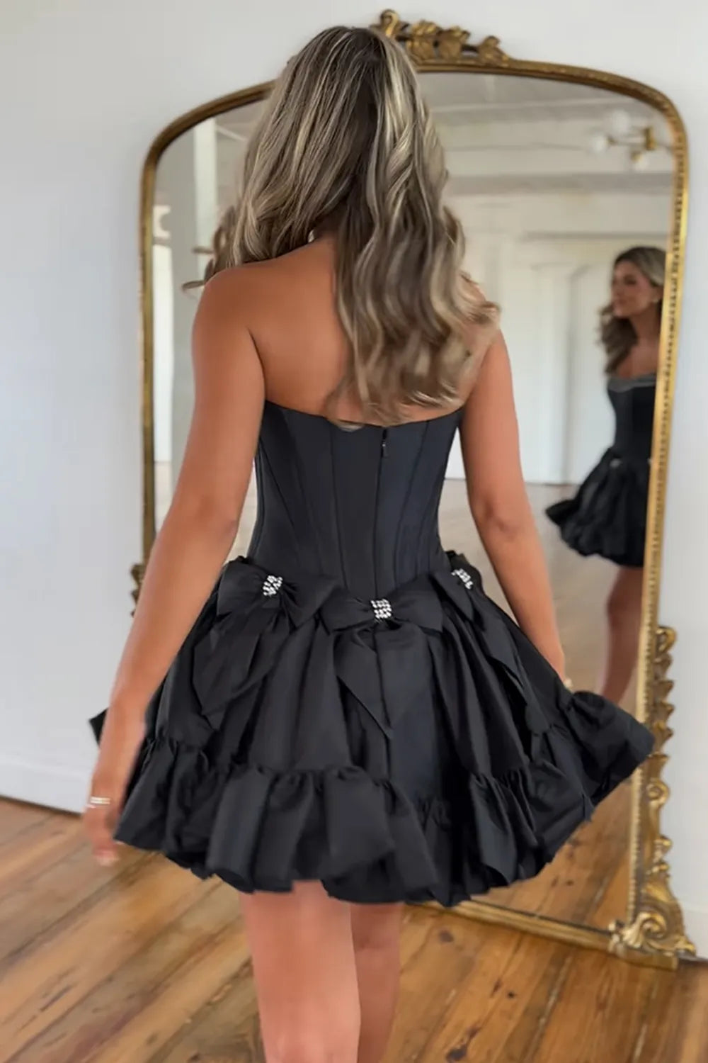 Cute A Line Strapless Black Short Homecoming Dress with Beading DP7092