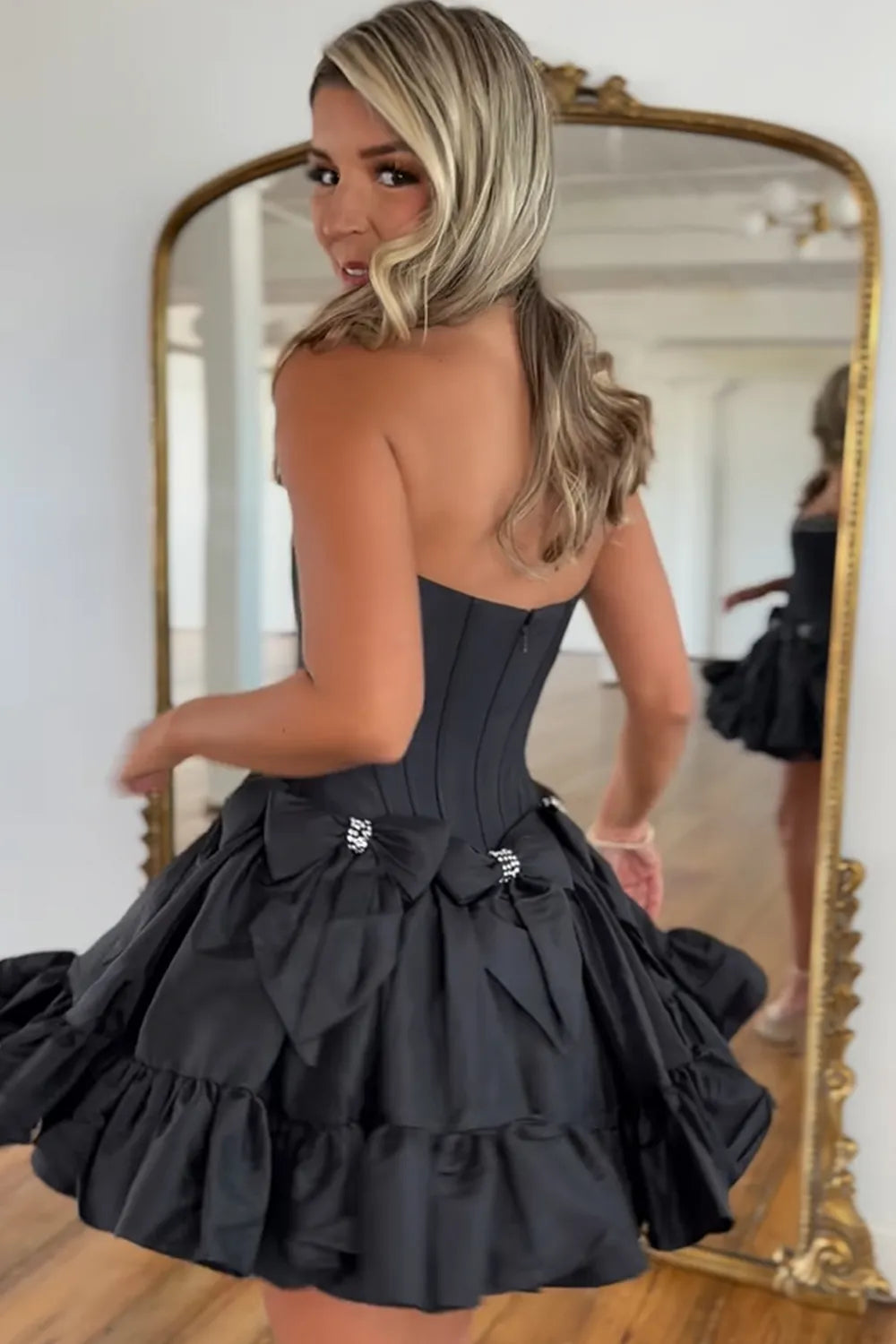 Cute A Line Strapless Black Short Homecoming Dress with Beading DP7092
