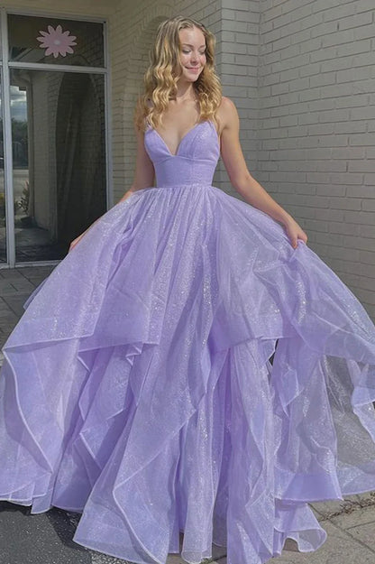 Lavender Spaghetti Straps Tiered Tulle Backless Long Prom Dress DP971