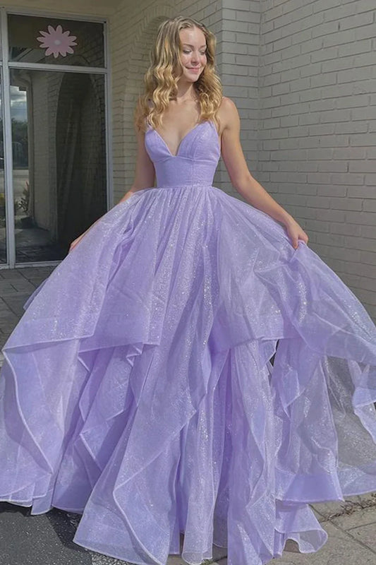 Lavender Spaghetti Straps Tiered Tulle Backless Long Prom Dress DP971