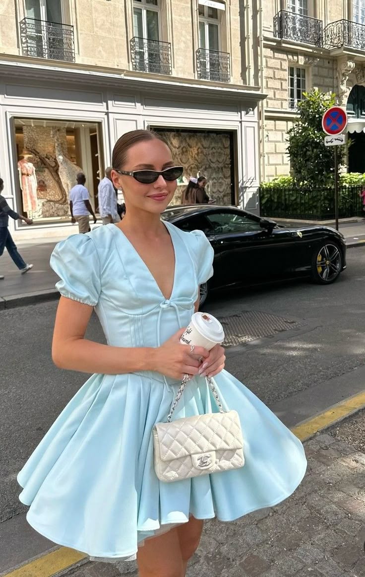 Baby Blue A Line Puff Sleeve Satin Short Prom Dress Homecoming Dress DP7136