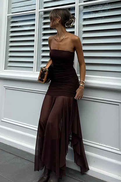 Brown Mermaid Strapless Chiffon Long Prom Dress Evening Dress DP6113