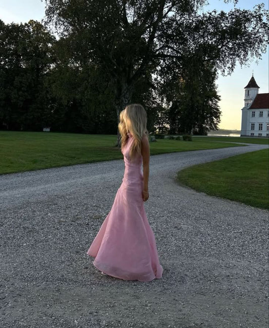 Pink Mermaid Halter Flower Chiffon Prom Dress Party Dress with Slit DP2581