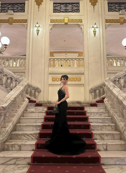 Sexy Mermaid Halter Rhinestone Black Satin Prom Dress Formal Gown DP3668