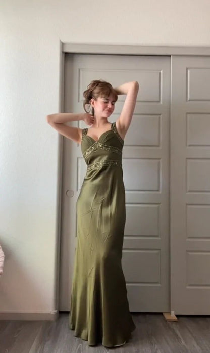 Elegant Sheath Strap Beaded Green Satin Prom Dress Evening Dress DP2102