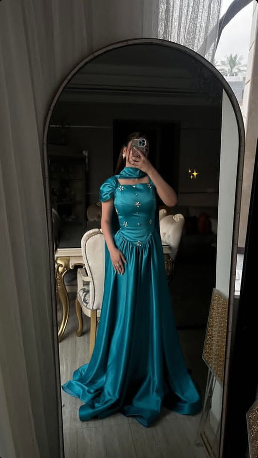 Elegant A Line Strap Rhinestone Blue Satin Long Prom Dress Party Dress DP4128