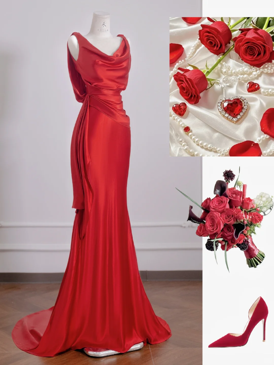 Simple Red Mermaid Straps Satin Prom Dress Wedding Guest Dress DP3879