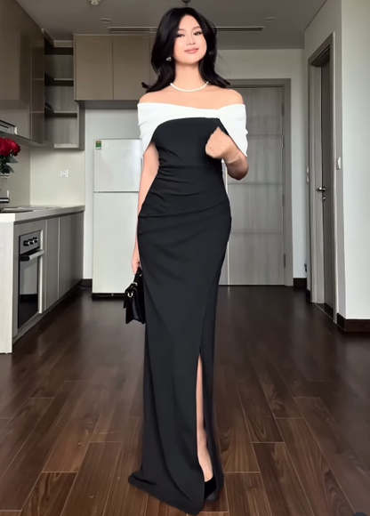 Classic Elegant Sheath Off the Shoulder Black-White Satin Long Prom Dress Evening Dress DP3966