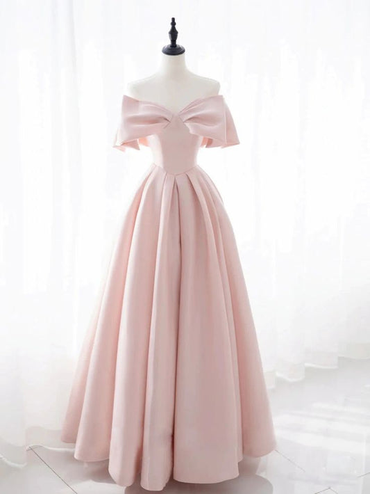 Light Pink A Line Off-the-shoulder Bow Satin Long Prom Dresses DP853