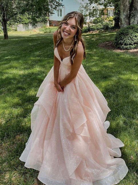 Romantic A Line Spaghetti Strap Sequins Backless Tulle Prom Dresses DP935