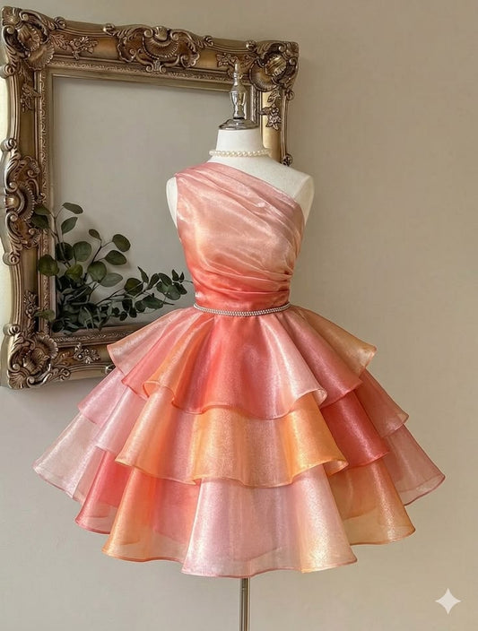 Dreamy Colorful A Line One Shoulder Chiffon Short Prom Homecoming Dress DP5312