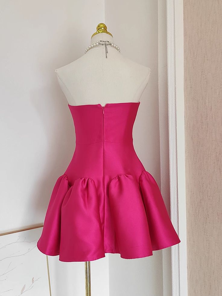 Pink A Line Strapless Satin Short Homecoming Dresses DP852