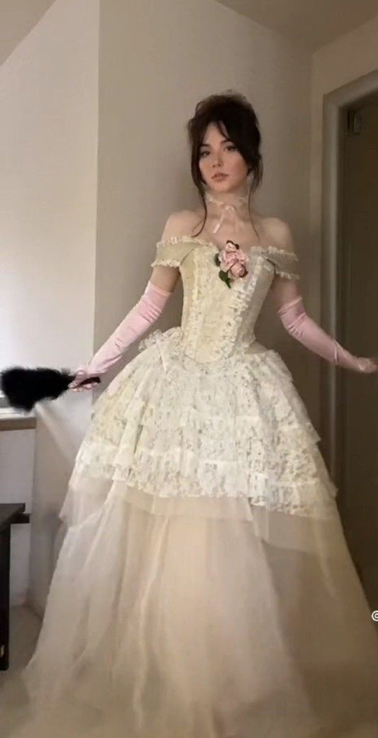 Stunning Ball Gown Off the Shoulder Layered Lace Satin Tulle Long Prom Dress Formal Gown DP3383