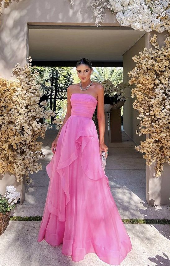 Hot Pink A Line Strapless Tulle Long Prom Dress Evening Dress DP1674