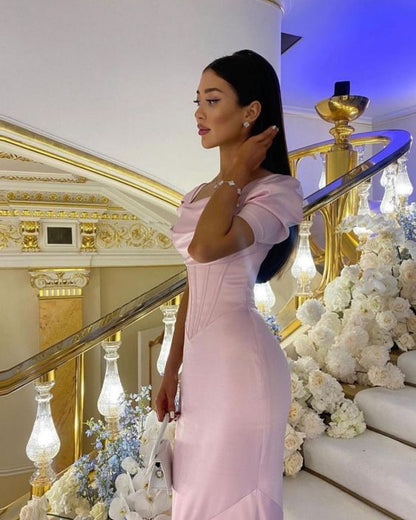 Pink A Line Puff Sleeve Satin Prom Dresses Women Formal Party Evening Gown DP2018