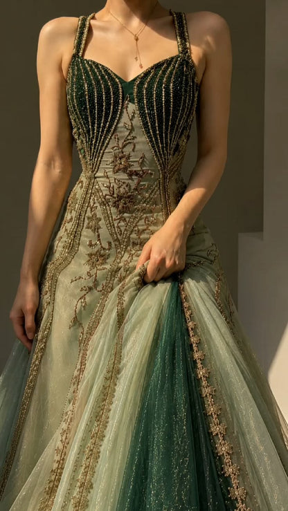 Glamorous A Line Spaghetti Straps Green Beaded Tulle Long Prom Dress Date Dress DP7540