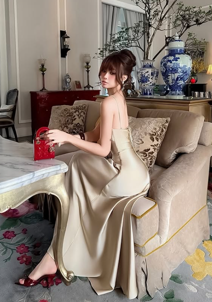 Simple Apricot A Line Spaghetti Strap Satin Prom Dress Evening Dress DP6137