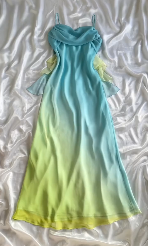 Vintage Blue Green Ombre A Line Straps Chiffon Long Prom Dress DP5083