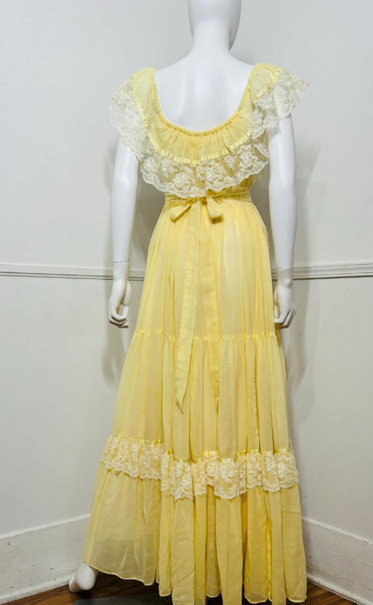 1970s Pale Light Yellow Tulle Lace Vintage Prom Dress Outfits DP3397