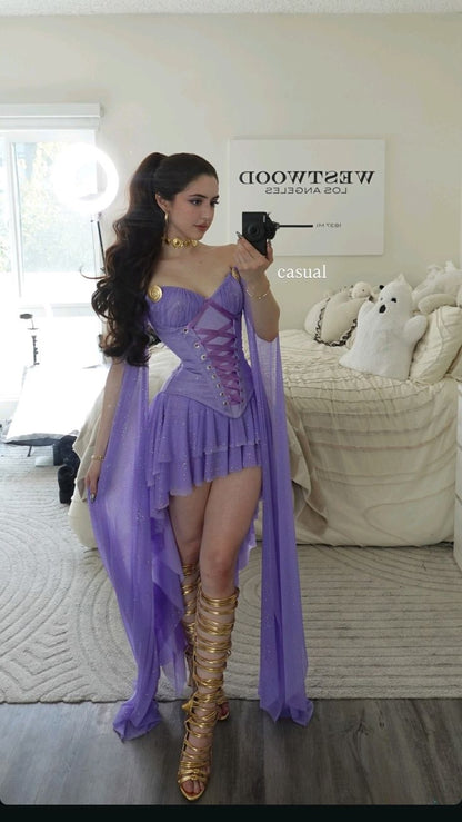 Purple A Line Off the Shoulder Sequin Layered Tulle Short Homecoming Dress DP4585